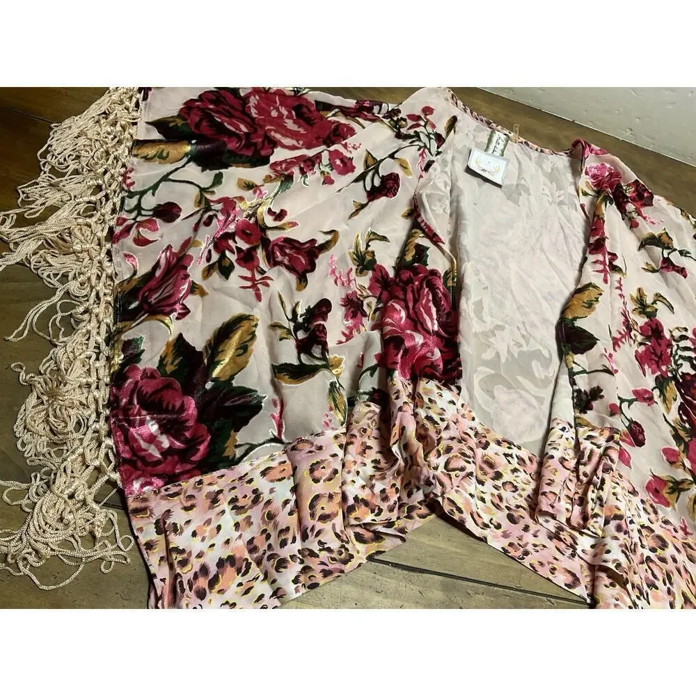 Aratta Silent Journey Women's Sheer Floral Kimono Shawl with Fringe One Size